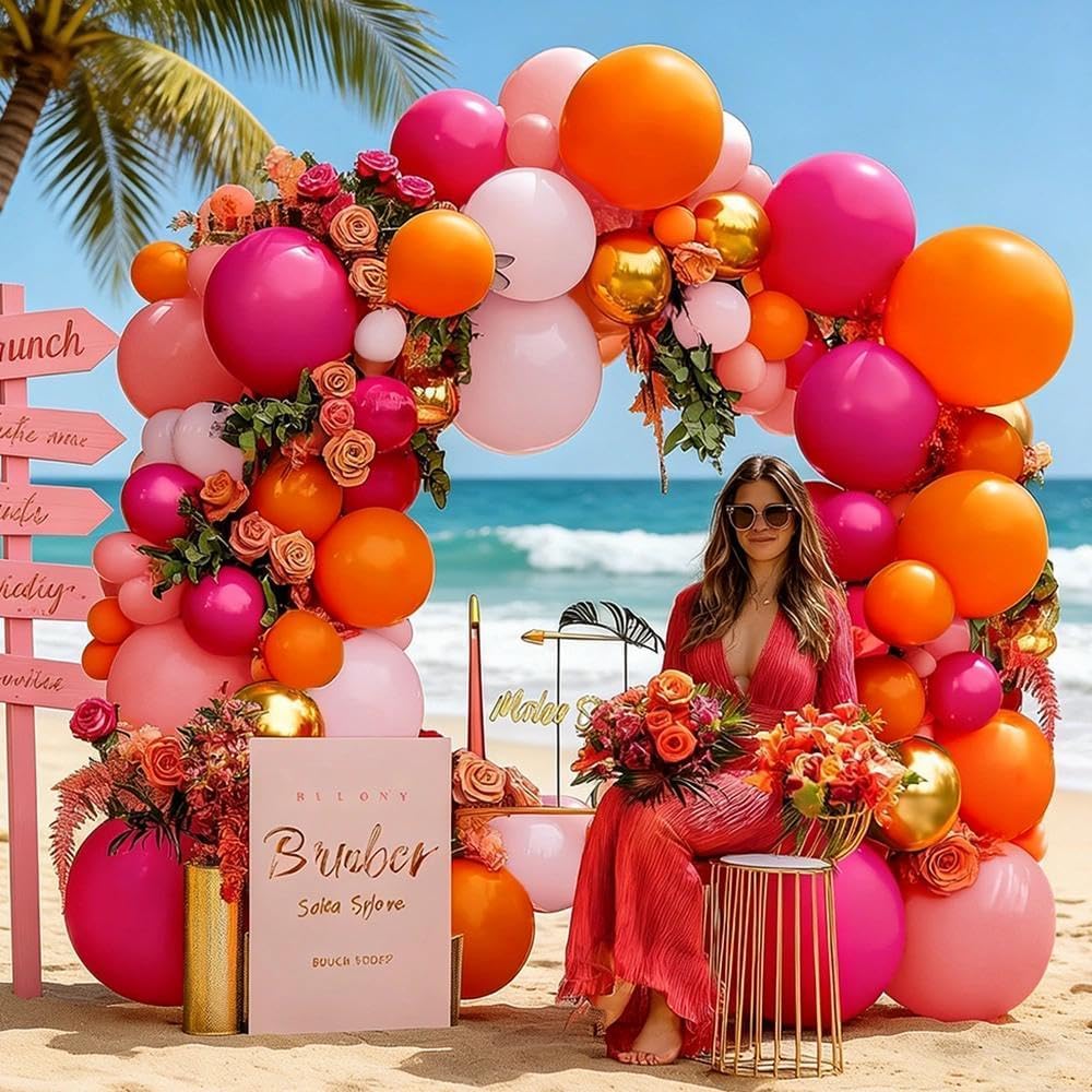 Pink Orange Balloon Garland Double Stuffed Hot Pink Orange Gold