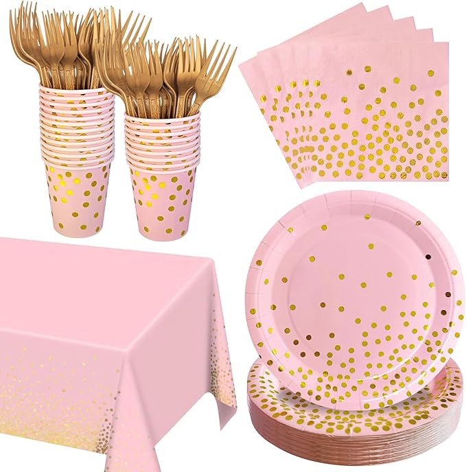 Pink and Gold Party Supplies Includes 9" Paper Plates and Napkins