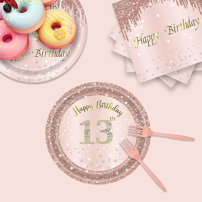 24 Sets 13th Rose Gold Birthday Party Decrations for Girls 13