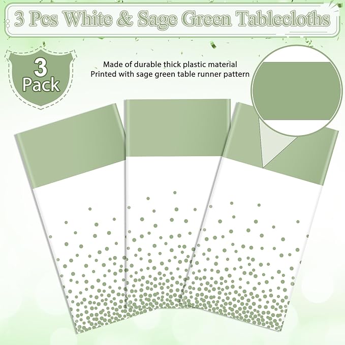 3Pcs White and Sage Green Tablecloth Decorations,Plastic White Table