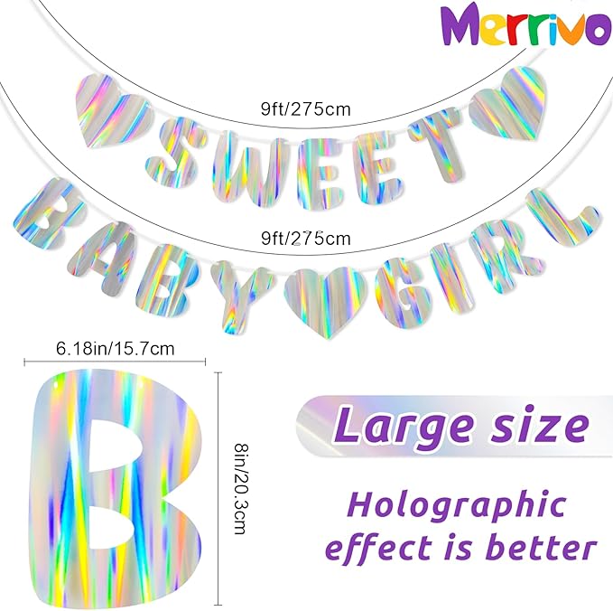 Iridescent Baby Shower Banner for Girl, Pre-Strung Sweet Baby Girl