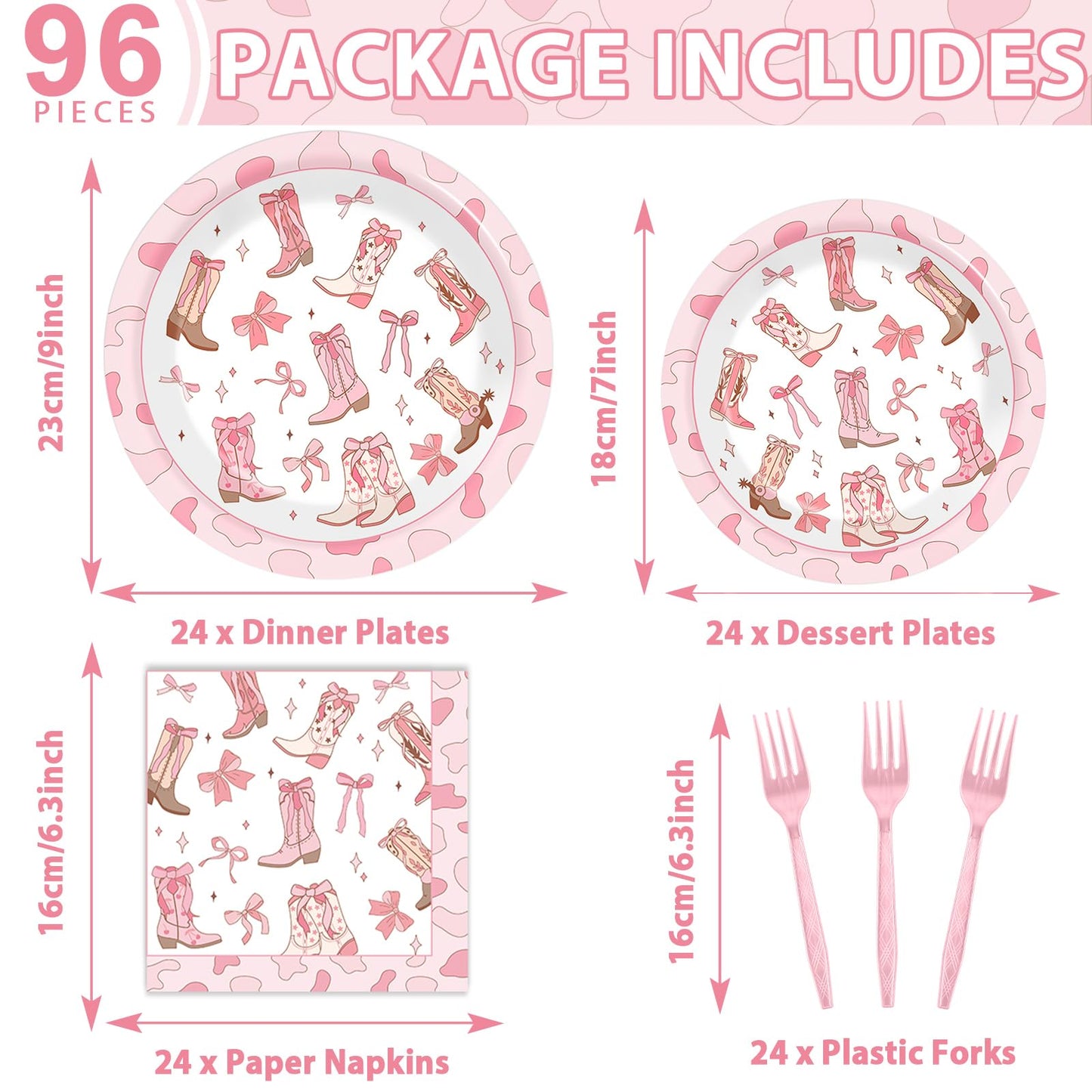 96Pcs Coquette Bow Cowgirl Happy Birthday Party Supplies Western