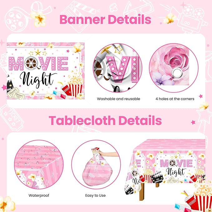 Pink Movie Night Party Decorations Kit Movie Banner Cute Popcorn