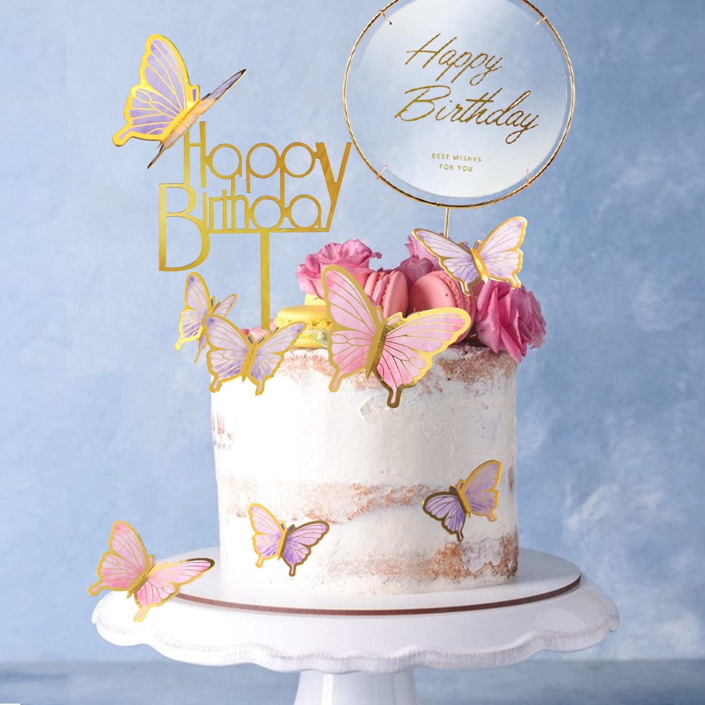 LANGPA 22-Pieces Butterfly Cake Decorations With Happy Birthday Purple