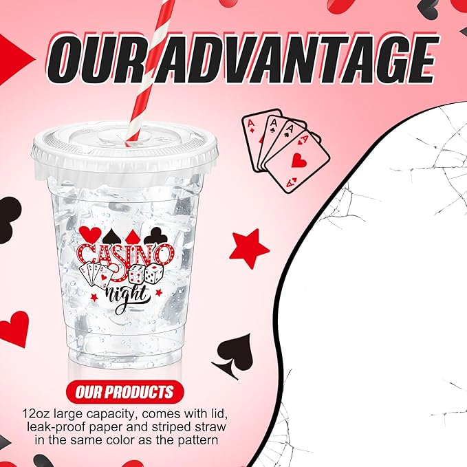 50 Pcs Casino Night Cups 12 oz Disposable Plastic Cups with Straws