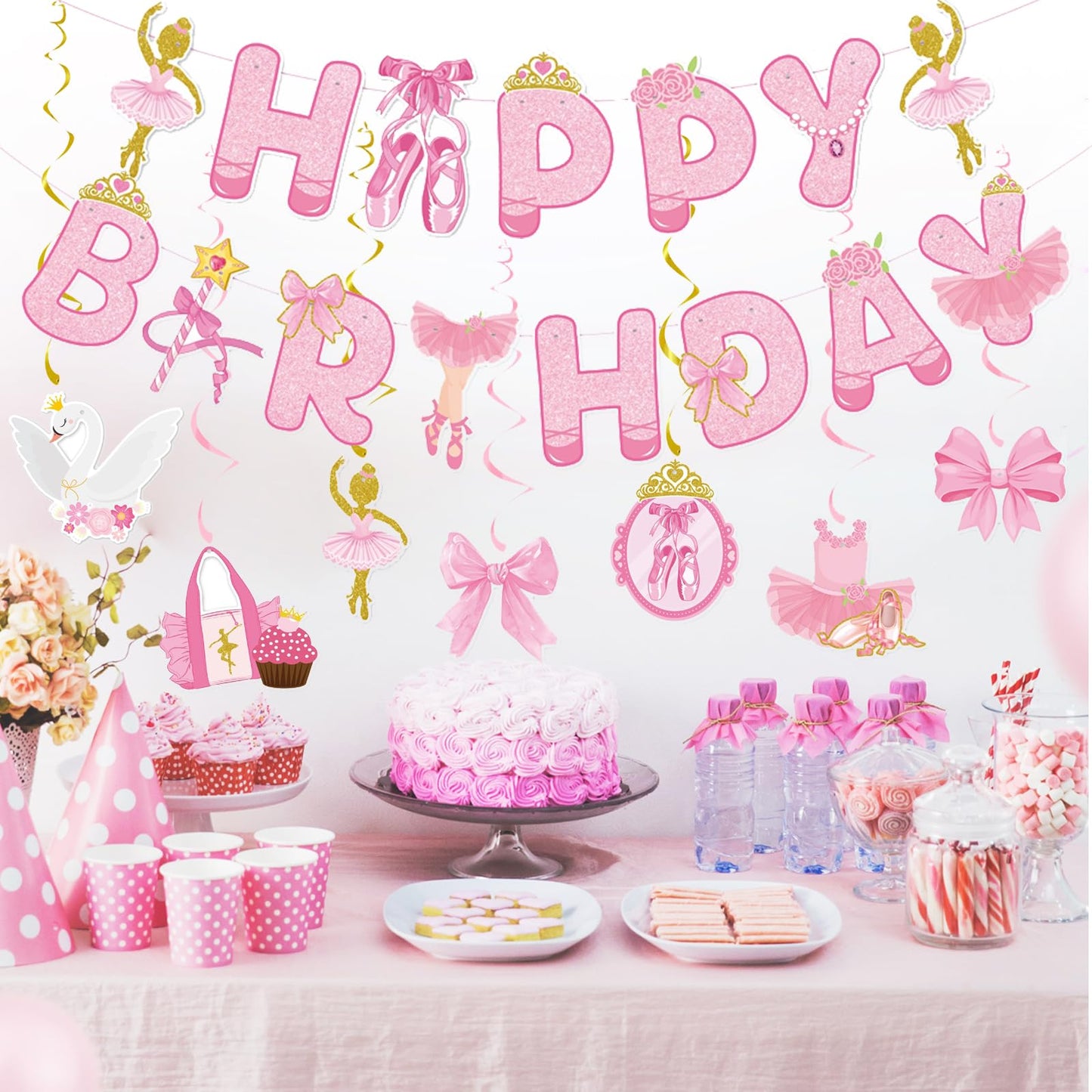 Zwiebeco Pink Gold Ballerina Happy Birthday Banner Bunting Hanging