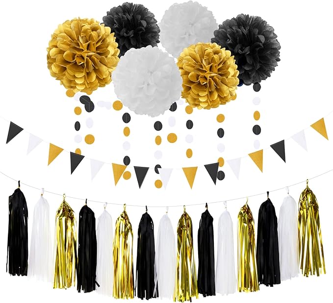 Black Gold Graduation Party Decorations 23pcs Kits Farewell Tissue