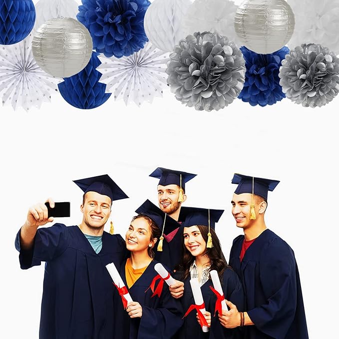 Navy-Blue White Silver Party Decorations - 14pcs Kits Paper Lanterns