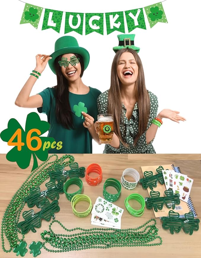 46 Pcs St.Patricks Day Party Accessories Favor Set Shamrock Glasses
