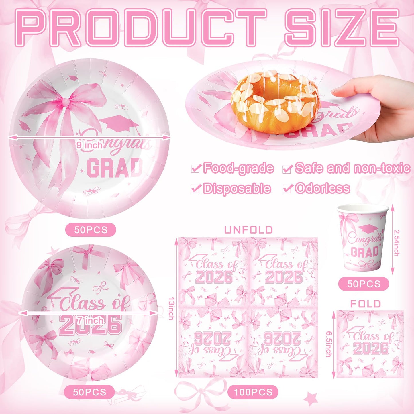 Hsei 250 Pcs Pink Graduation Disposable Plates and Napkins Bow