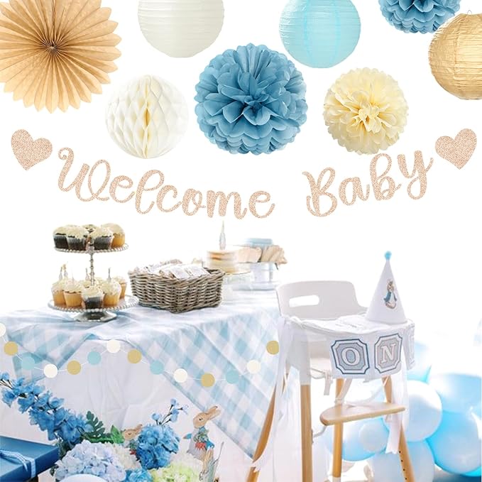Light Dusty Blue Boho Baby Shower Party Decorations 21pcs Beige