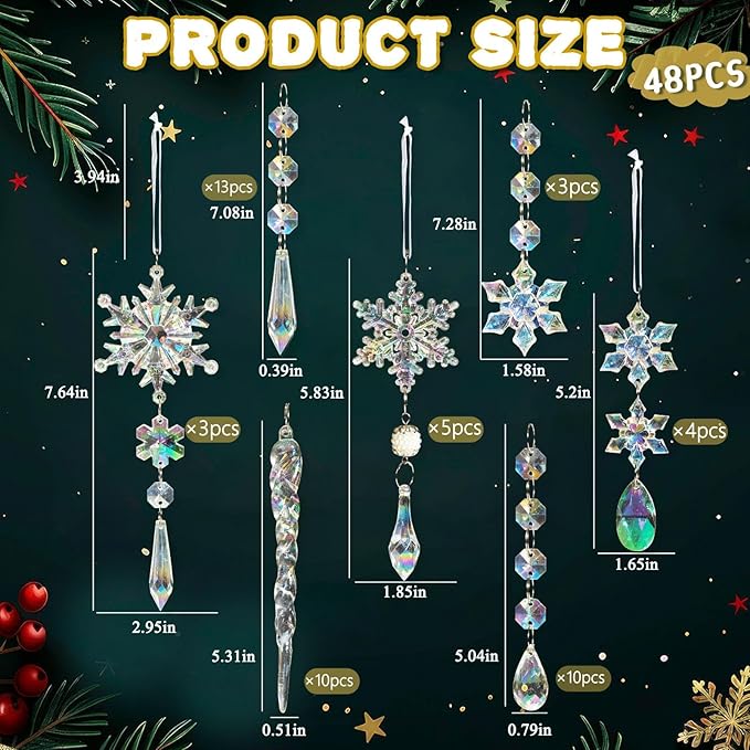 48pcs Christmas Crystal Ornaments for Tree - Iridescent Christmas