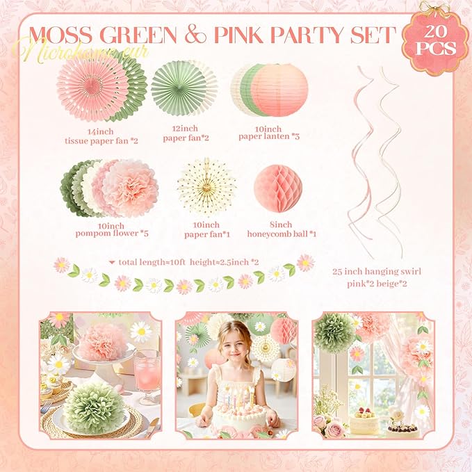 NICROHOME EUR Wedding Decorations 20 PCS Sage Green and Pink Tissue