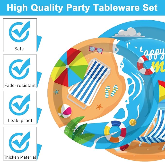 96 Pcs Beach Party Supplies Paper Plates Napkins Summer Beach