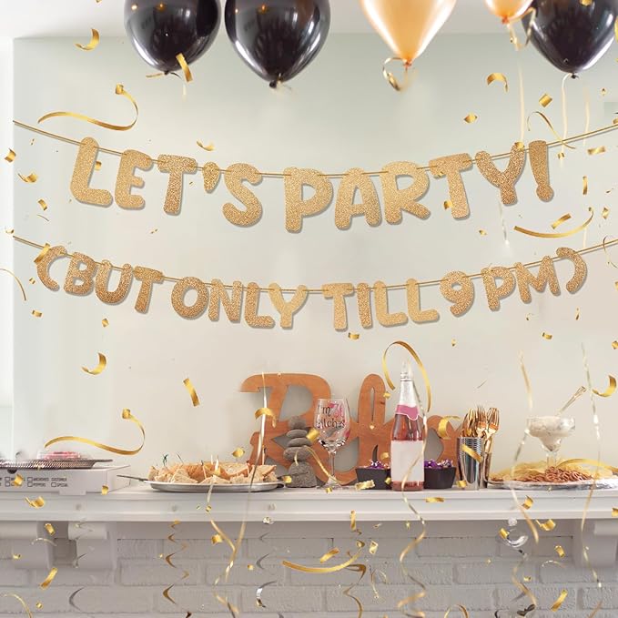 Yeaqee Pre-strung Glitter Funny Birthday Banner, Let's Party But Only