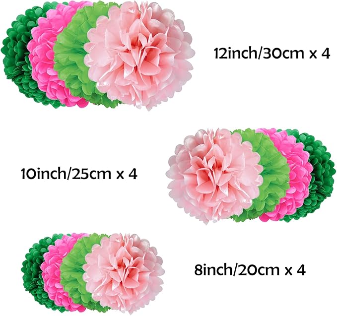 ZOOYOO Paper Tissue Pom Poms, 12 Pcs Green Pink Pompoms Party Hanging