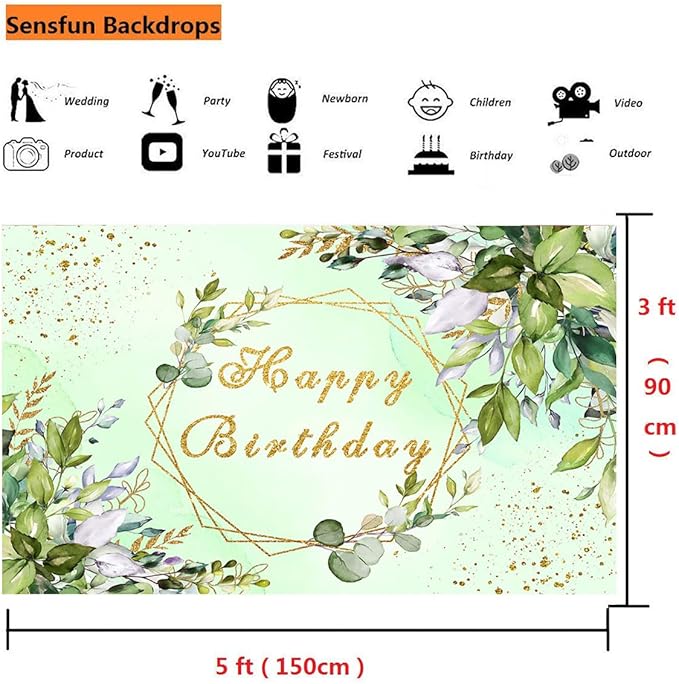 Sensfun Sage Green Birthday Backdrop Banner Greenery Birthday Decorati