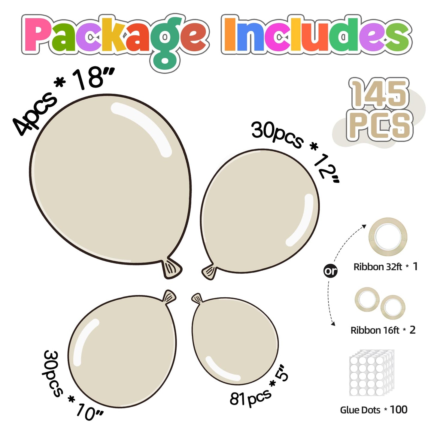 145pcs Sand White Balloon Garland Kit Different Sizes of 18 12 10 5