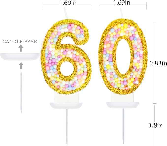 60th Birthday Candle for Women/Men, Golden Macaron Numeral Candles,