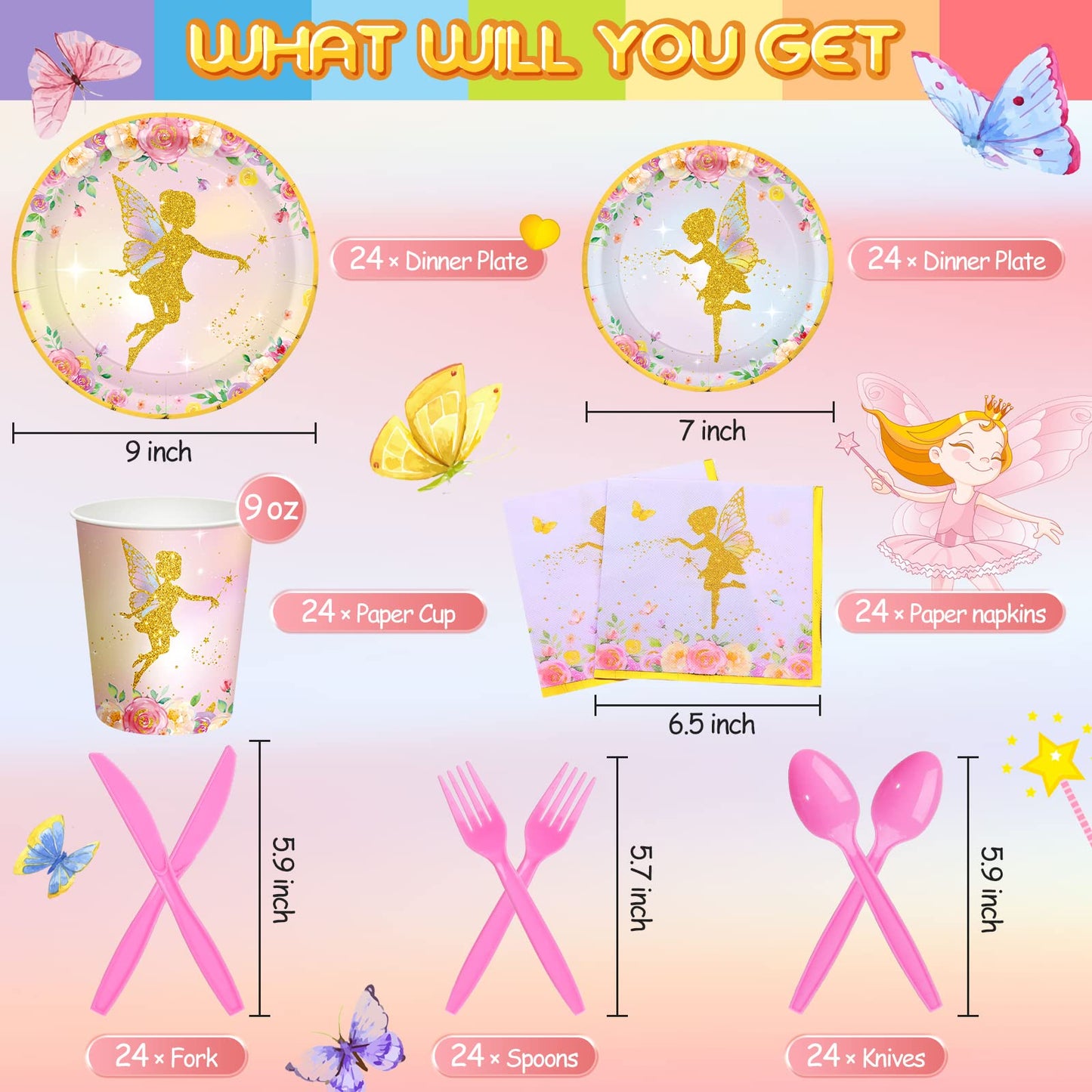 Meanplan 168 Pcs Fairy Party Supplies Fairy Plates and Napkins Fairies