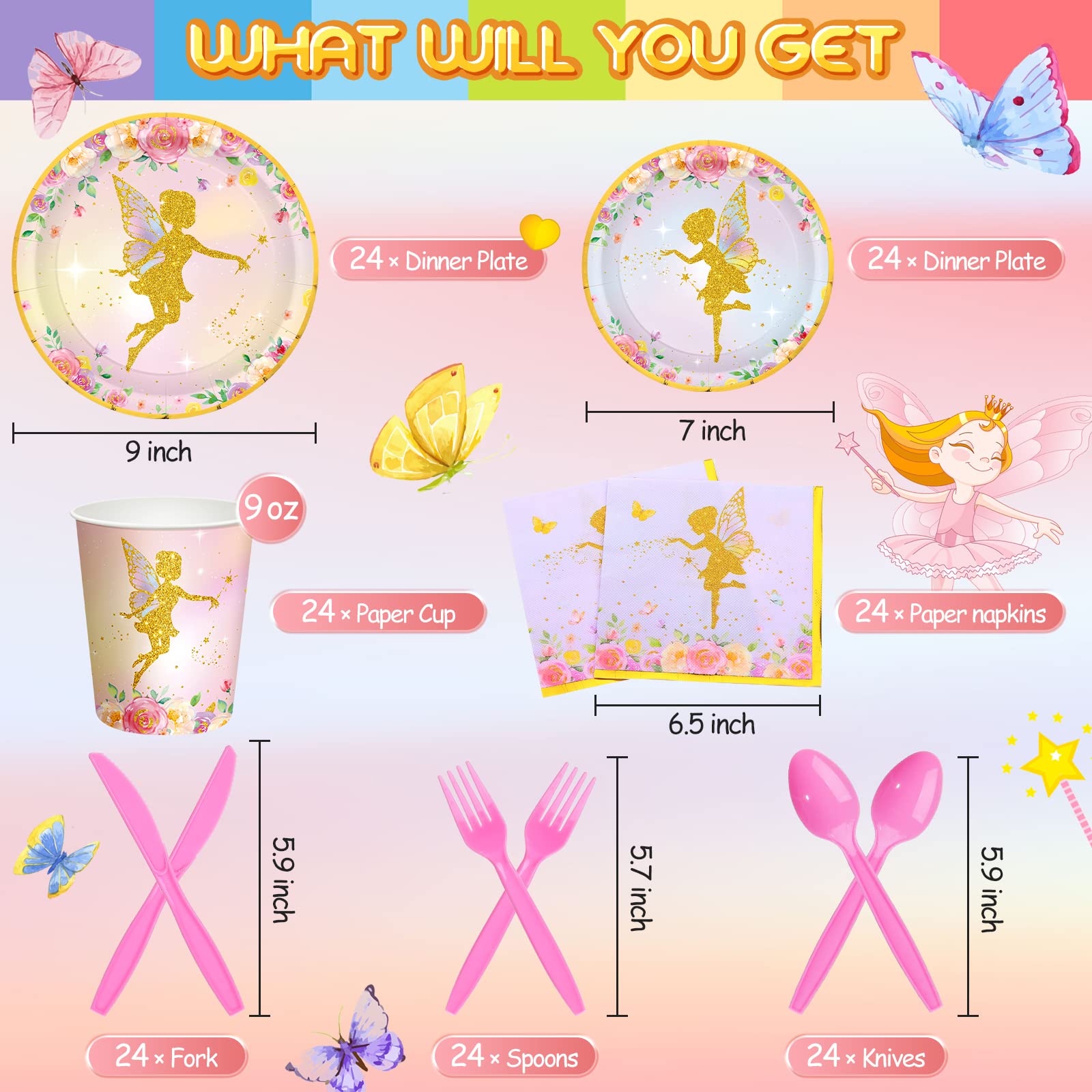 Meanplan 168 Pcs Fairy Party Supplies Fairy Plates and Napkins Fairies