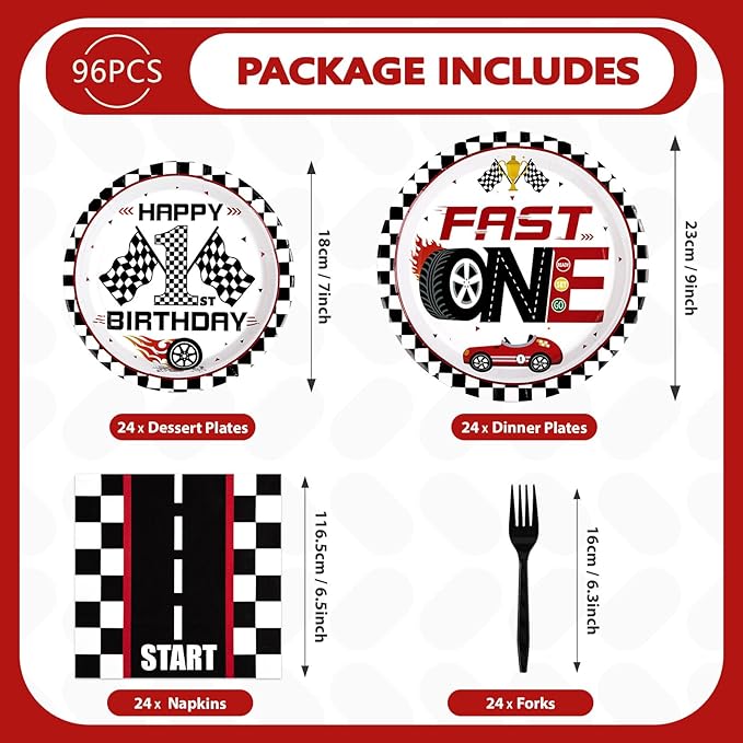 96 Pcs Fast One Birthday Decorations Race Car 1st Birthday Plates