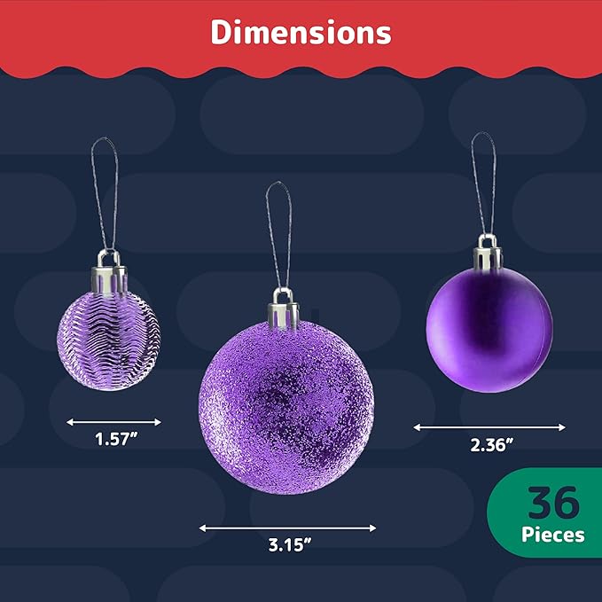 Prextex 36-Pieces Purple Christmas Ornaments Set - Shatterproof,