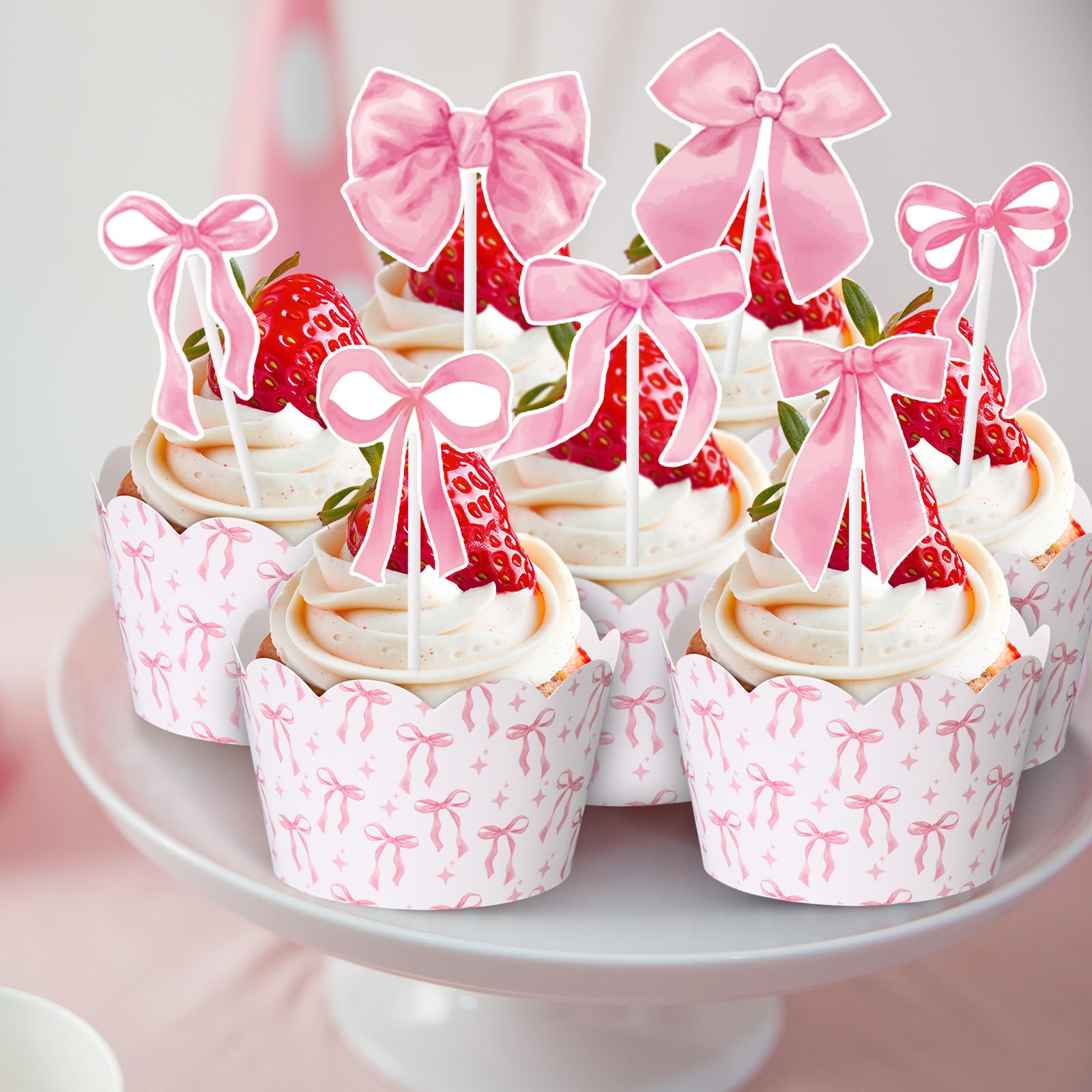 Widecook 96 Pcs Pink Bow Cupcake Toppers and Wrappers Coquette Bow