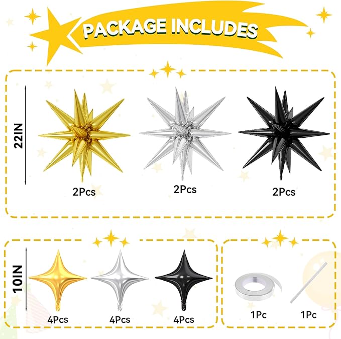 18 Pcs Black Gold Star Balloons, Gold and Black Balloon with 6 Pcs