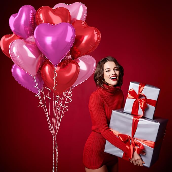 Hot Pink Foil Heart Balloons, 12 Pcs 18 Inch Mylar Heart Shaped Pink