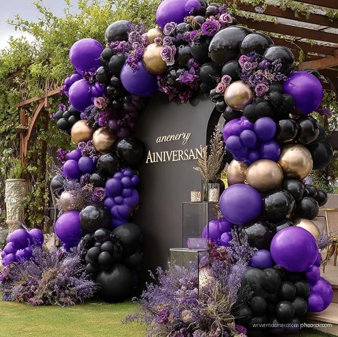 Purple Black Gold Balloon Garland Double Stuffed Dark Purple Black
