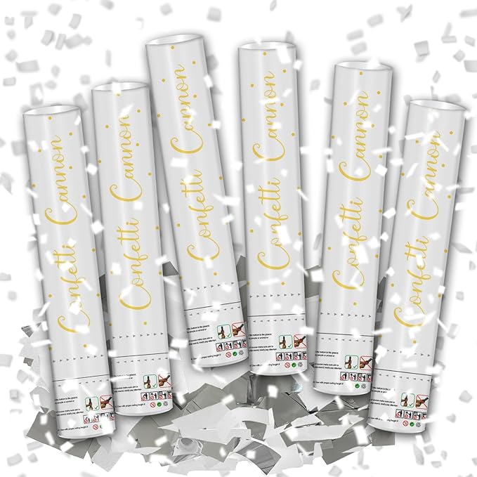 12" Silver & White Confetti Cannons - Party Poppers for Birthday Gradu