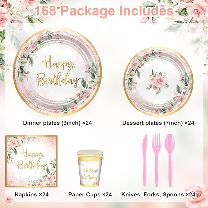 168 PCS Rose Gold Birthday Party Decorations Pink Floral Birthday