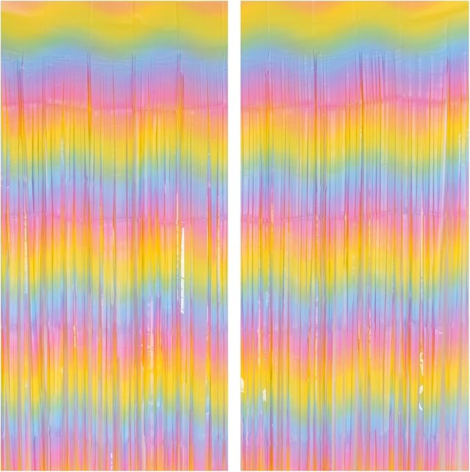 PIGETALE Pastel Rainbow Foil Fringe Curtains, 2Pcs 3.2x8.2ft Metallic