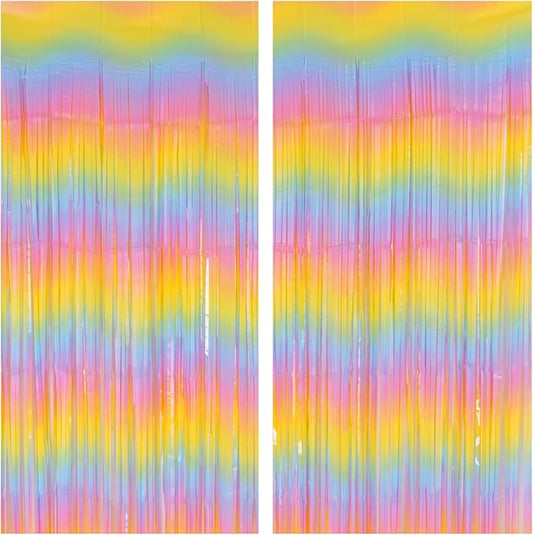 PIGETALE Pastel Rainbow Foil Fringe Curtains, 2Pcs 3.2x8.2ft Metallic