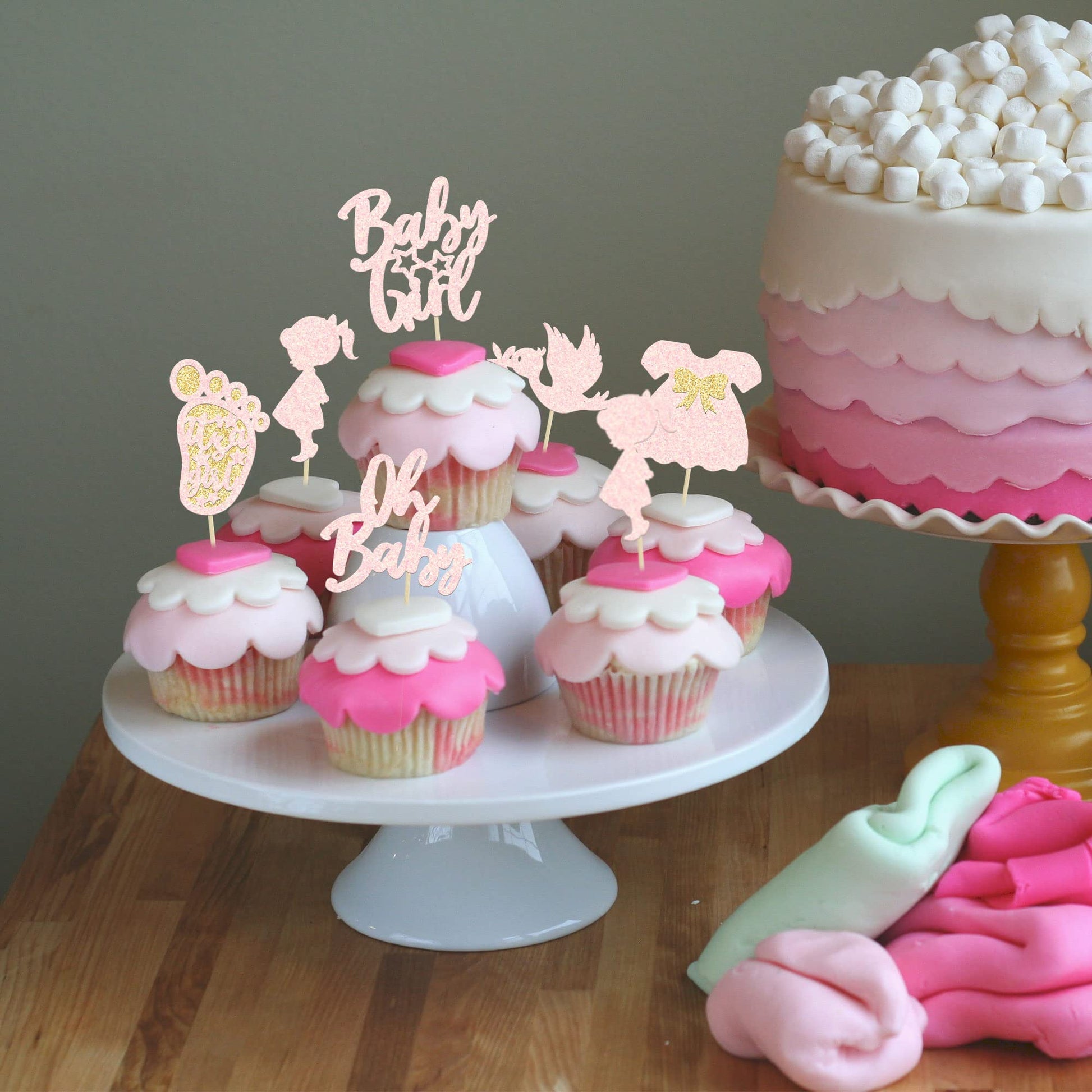 24Pcs Oh Baby Cupcake Toppers Baby Girl Cupcake Toppers with Bow Dress
