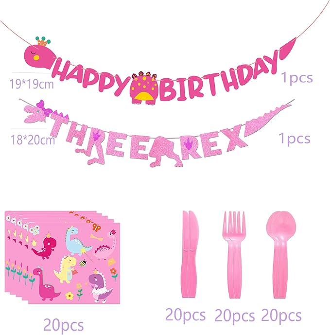 Pink Dinosaur Party Supplies For Girls 3rd Birthday Decorations