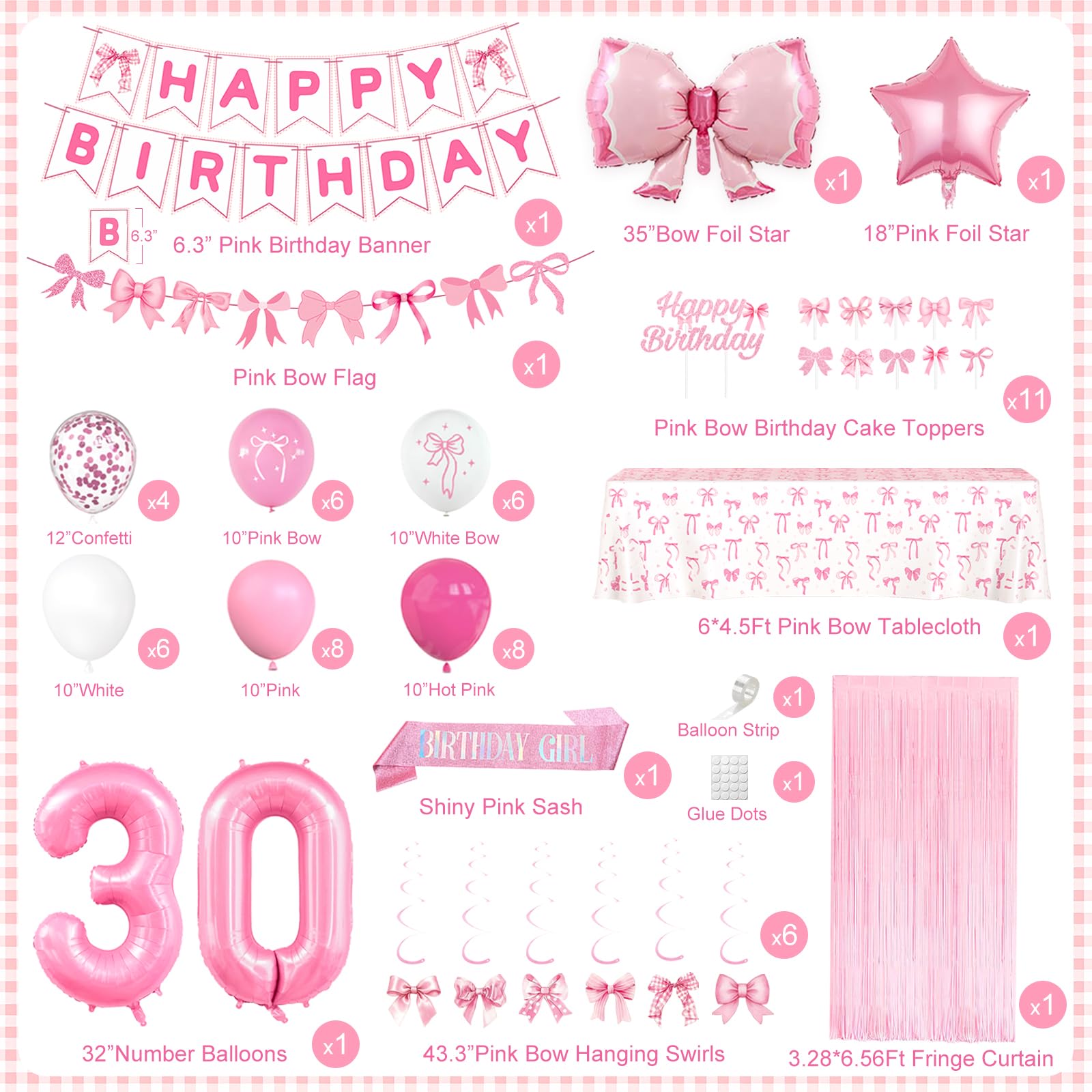 30th Pink Birthday Decorations for Women, Pink Bow Coquette Birthday