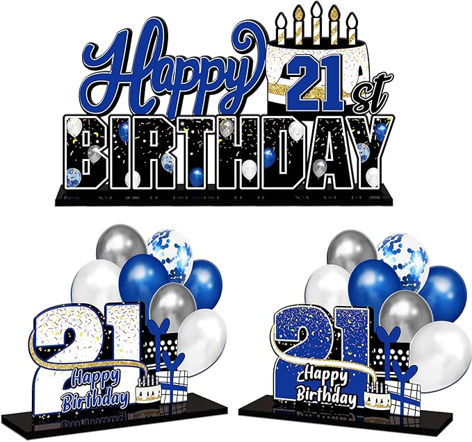 LINGTEER Happy 21st Birthday Blue Acrylic Table Topper Centerpieces