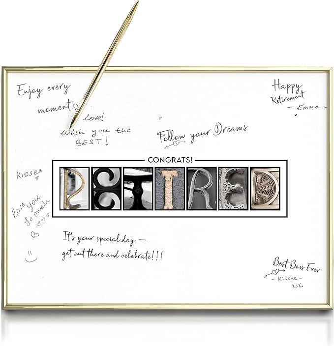 Framed Gold Retirement Decorations Guest Book for Men 12 x16 Large