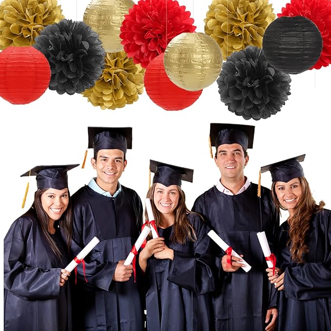 Red Black Gold Party Decorations Paper Flowers Lanterns 15PCS Casino