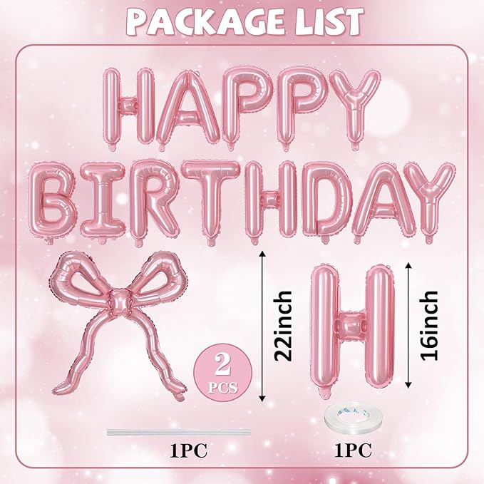 Pink Bow Happy Birthday Balloons Banner, 22 Inch Pearl Pink Bow Foil