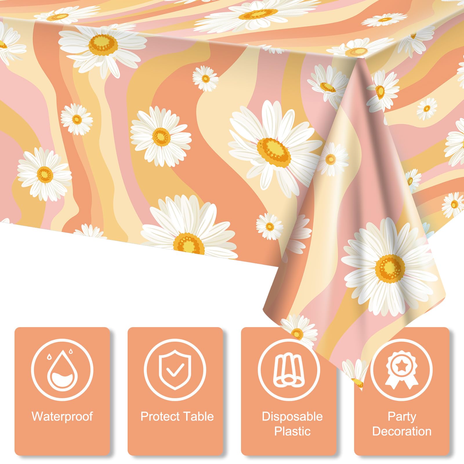 Tiamon 3 Pieces Plastic Groovy Tablecloths Retro Hippie Table Covers