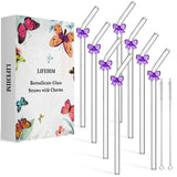 Cute Girly Glass Straws with Charms Purple Bows - 8mm Thin 9 inch Long