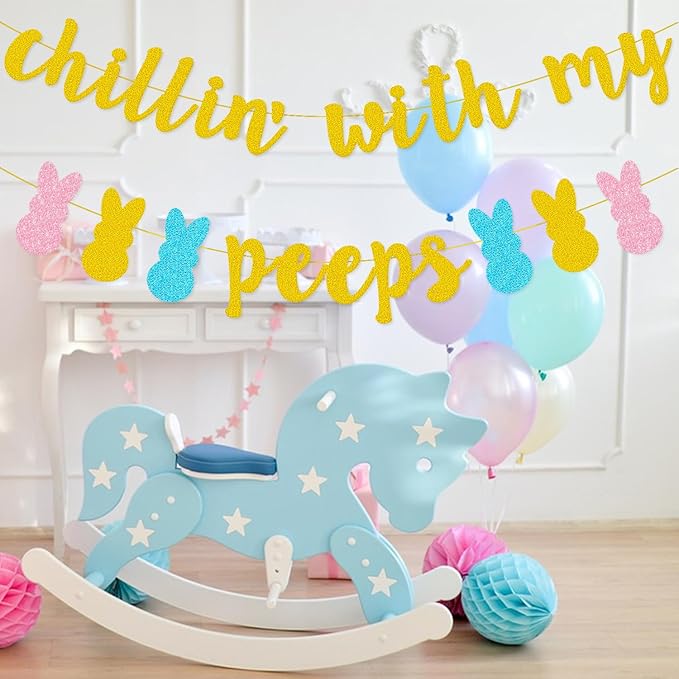 Easter Bunny Decorations Chillin with my Peeps Banner Gold Glitter