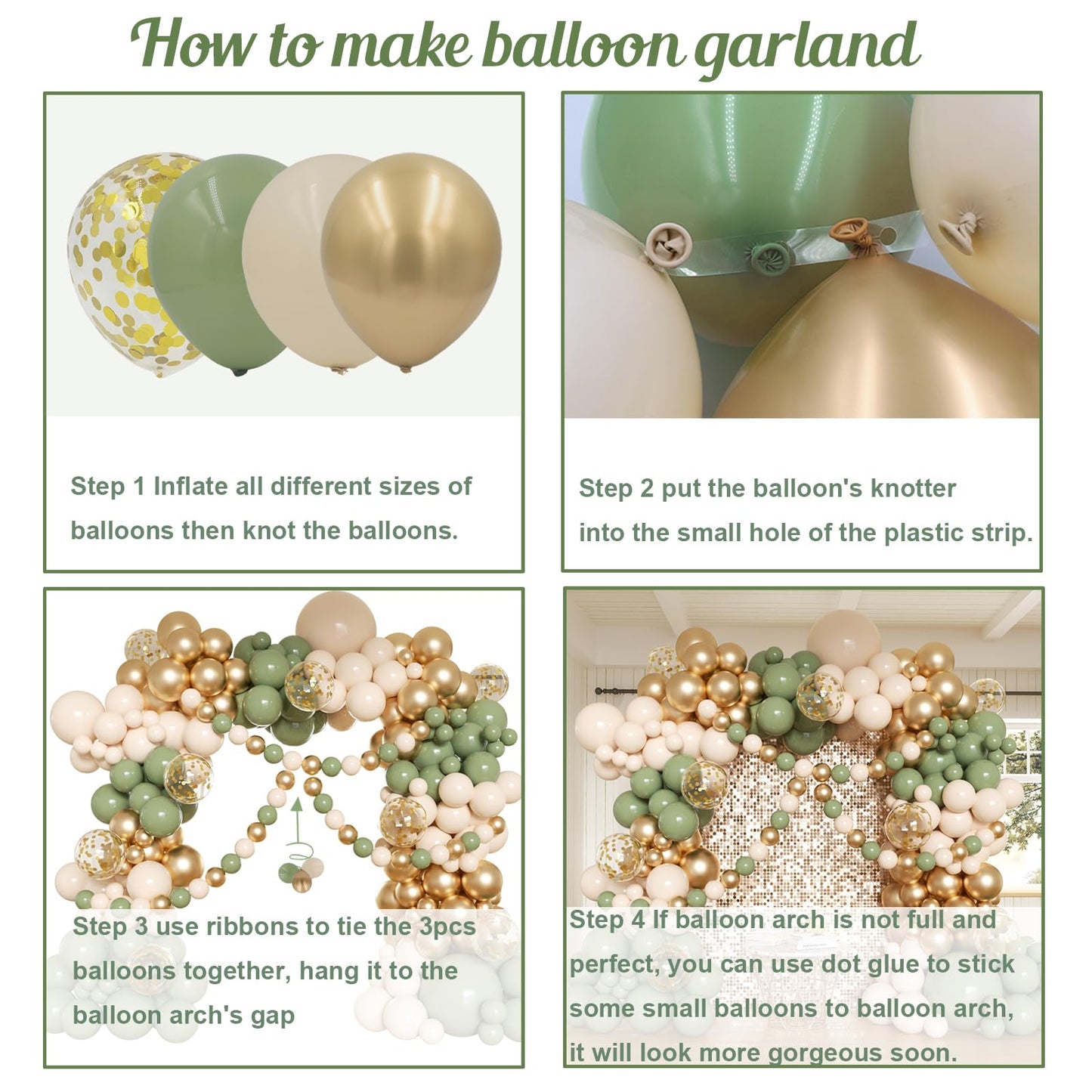 Sage Green Balloon Arch Kit, 162pcs Sage Green Sand White Gold