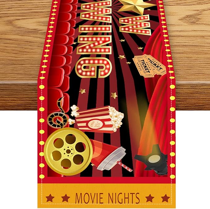 Movie Night Table Runner, Rustic Film Movie Theme Popcorn Tape Now