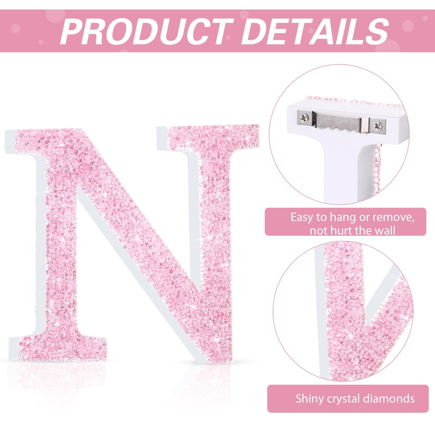 Qunclay Pink Crystal Diamond Letter Wall Decor, Glitter Wooden Bling
