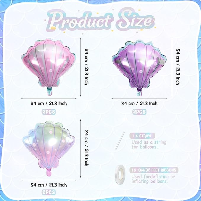 Biapian Sea Shells Balloons, Large Mermaid Shells Foil Balloon, 6 Pcs