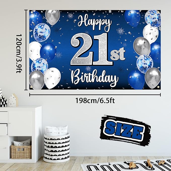 Happy 21st Birthday Decorations 21 Blue & Silver Balloon Large